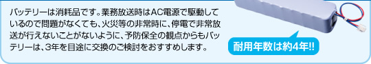 バッテリーは消耗品です。業務放送時はAC電源で駆動しているので問題がなくても、火災等の非常時に、停電で非常放送が行えないことがないように、予防保全の観点からもバッテリーは、3年を目途に交換のご検討をおすすめします。